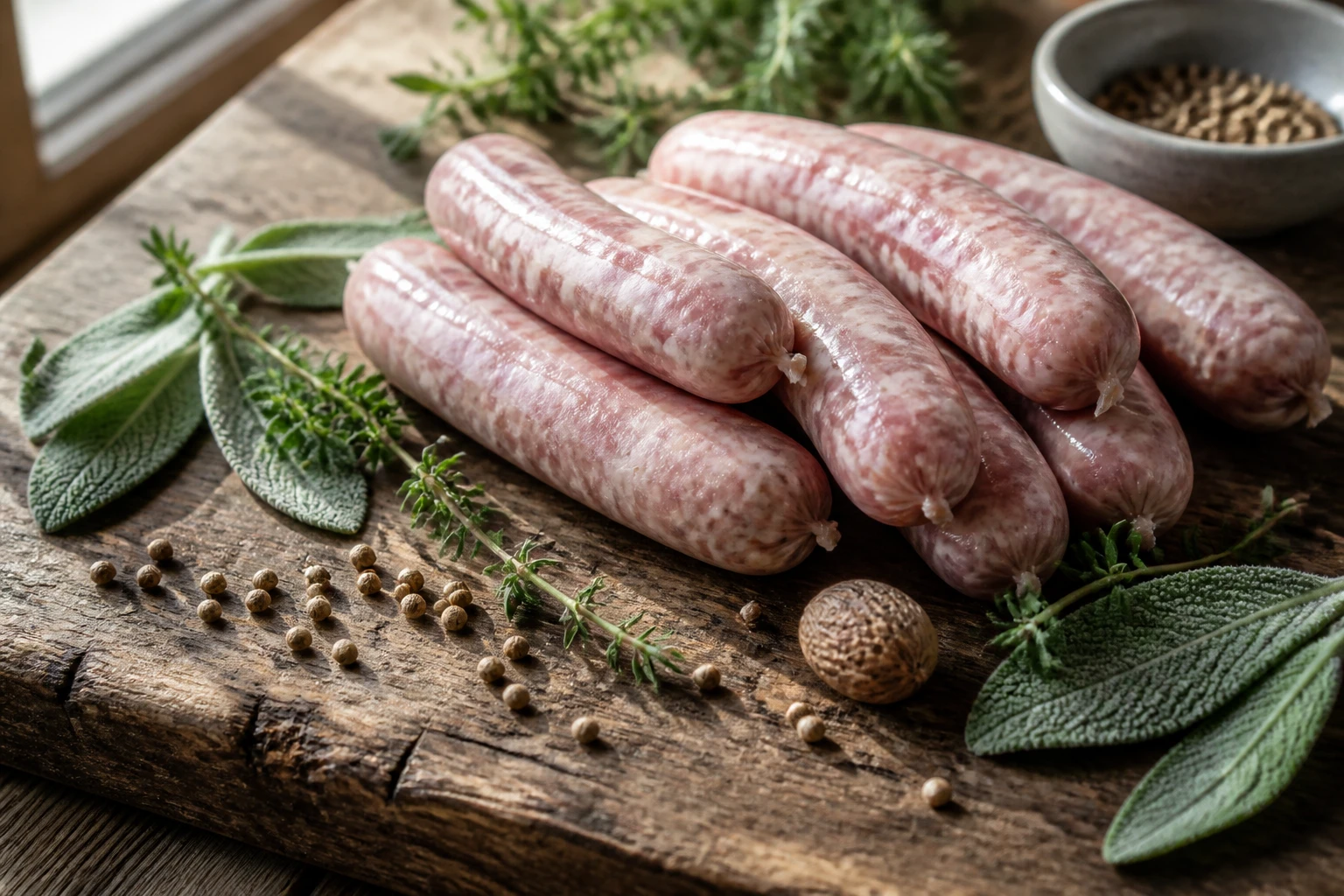 Chipolatas crues sur planche en bois avec épices thym sauge coriandre pour recette artisanale