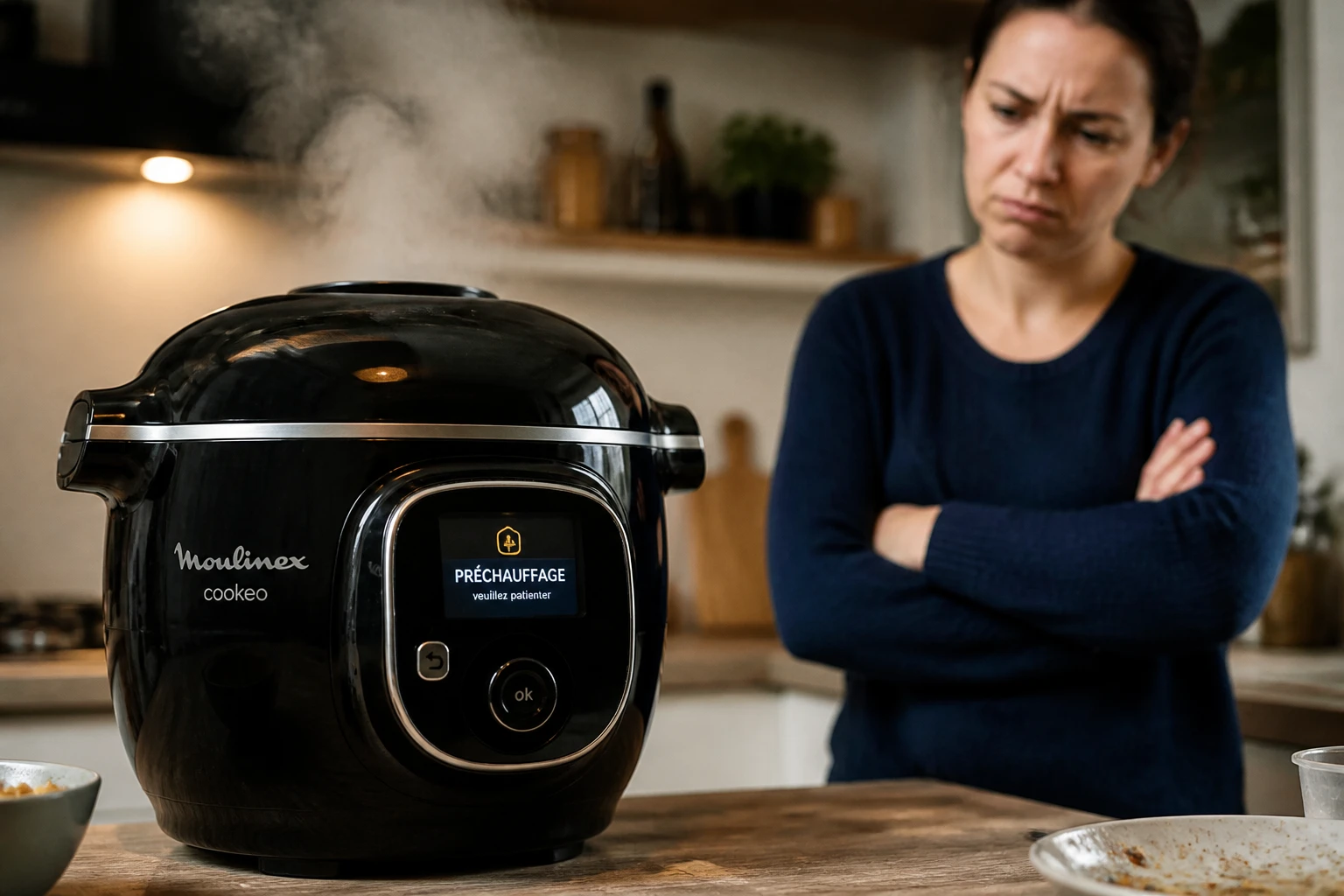 Multicuiseur Cookeo posé sur un plan de travail de cuisine, couvercle fermé, lumière chaude