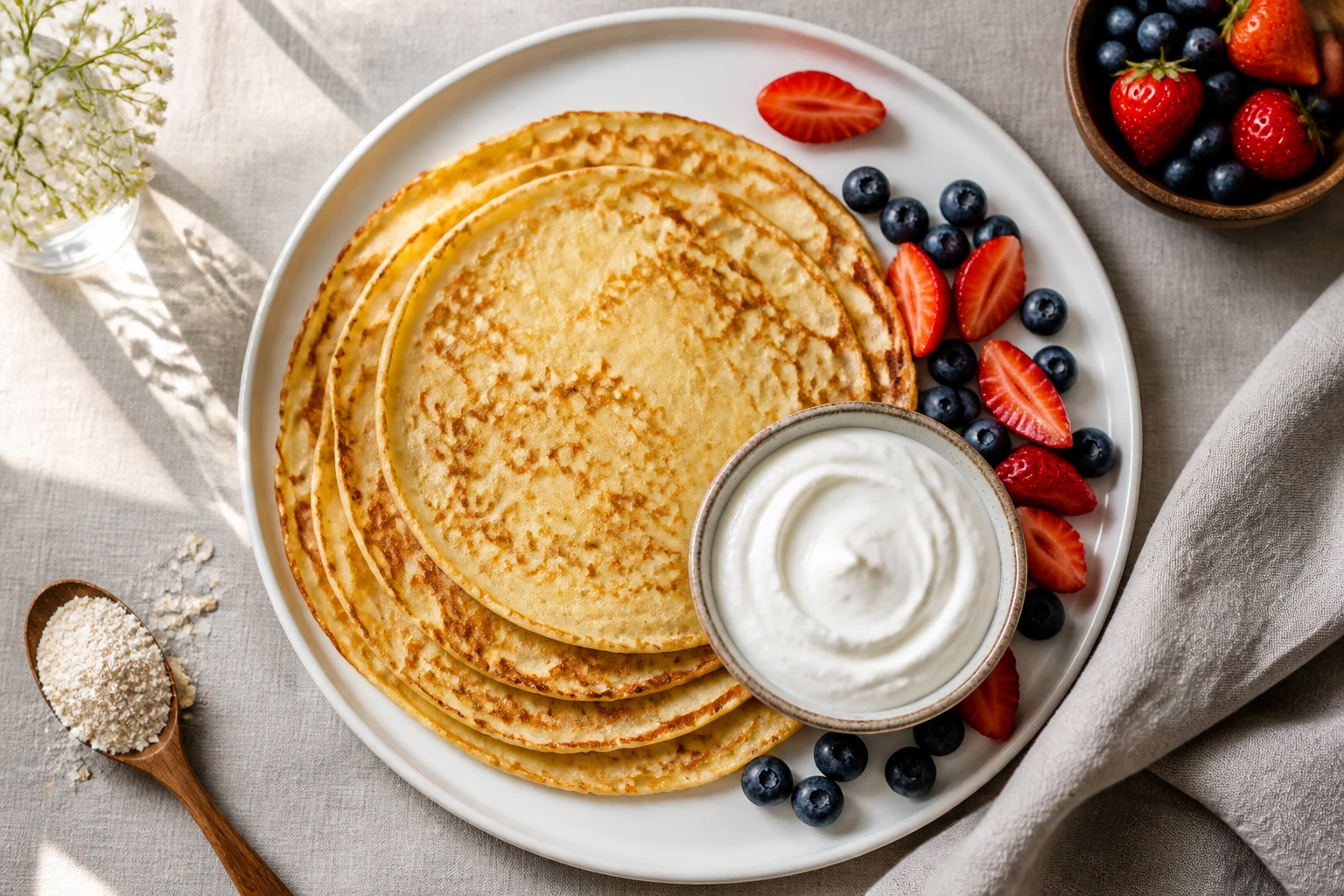 Crêpes protéinées sans whey dorées empilées sur une assiette blanche avec skyr et fruits frais sur fond lin