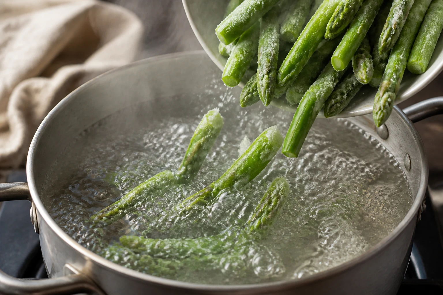 Asperges congelées plongées directement dans une casserole d'eau bouillante salée sans décongélation préalable
