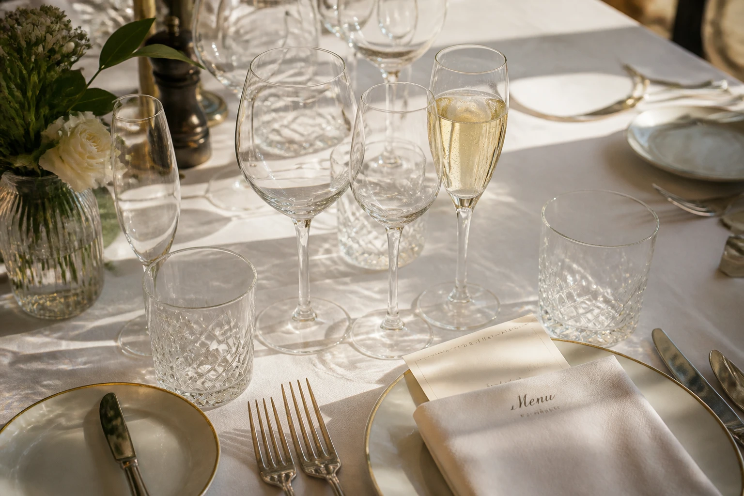 Différents types de verres de table disposés sur une nappe blanche, lumière naturelle douce