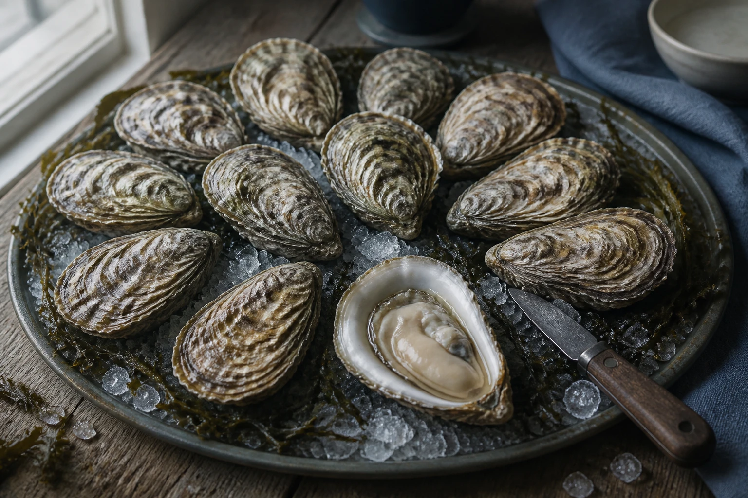 Douzaine d'huîtres plates Ostrea edulis sur lit de glace et algues, une ouverte révélant sa chair nacrée