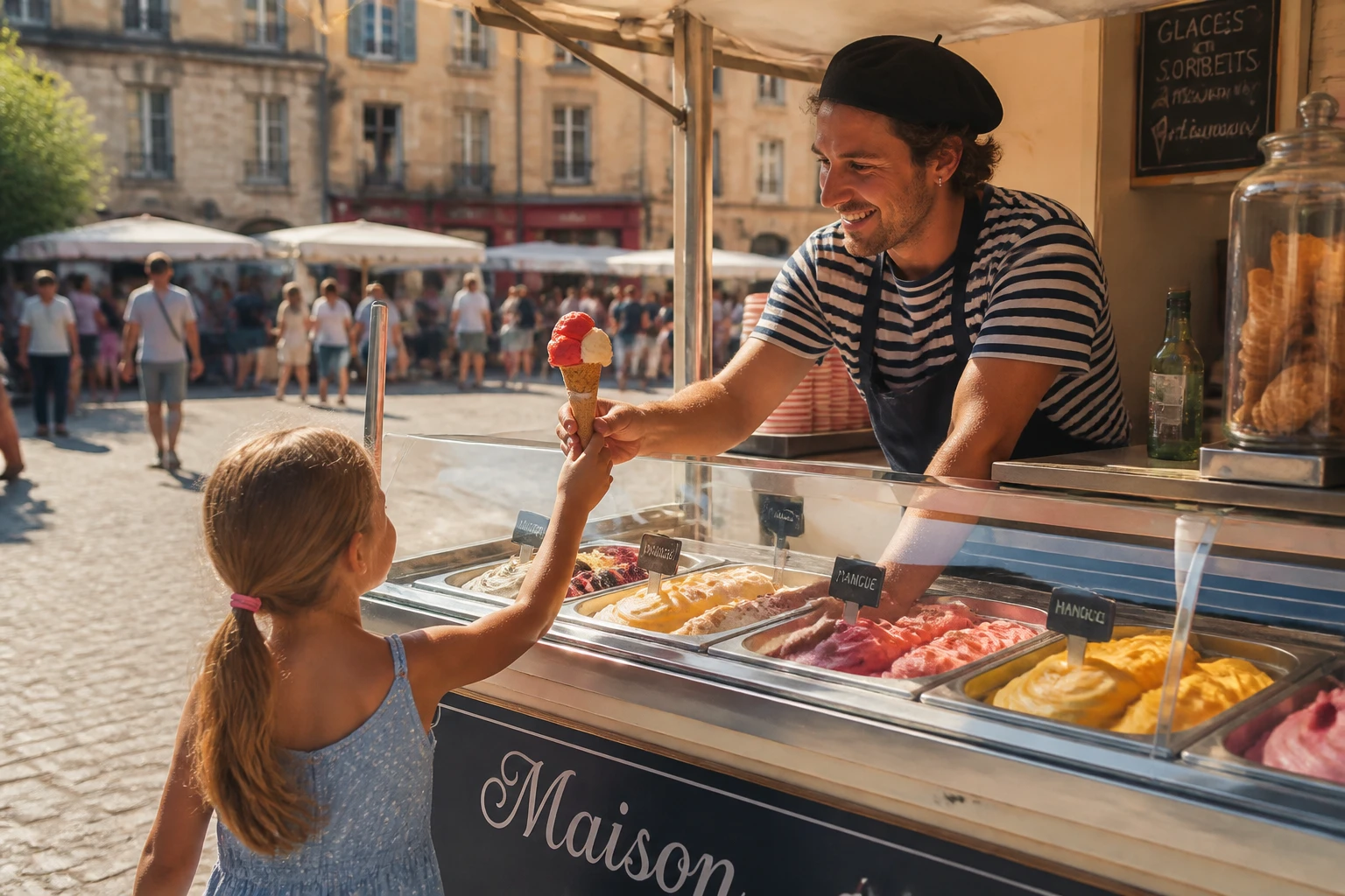 Marchand de glaces ambulant avec chariot coloré sur un marché français en été