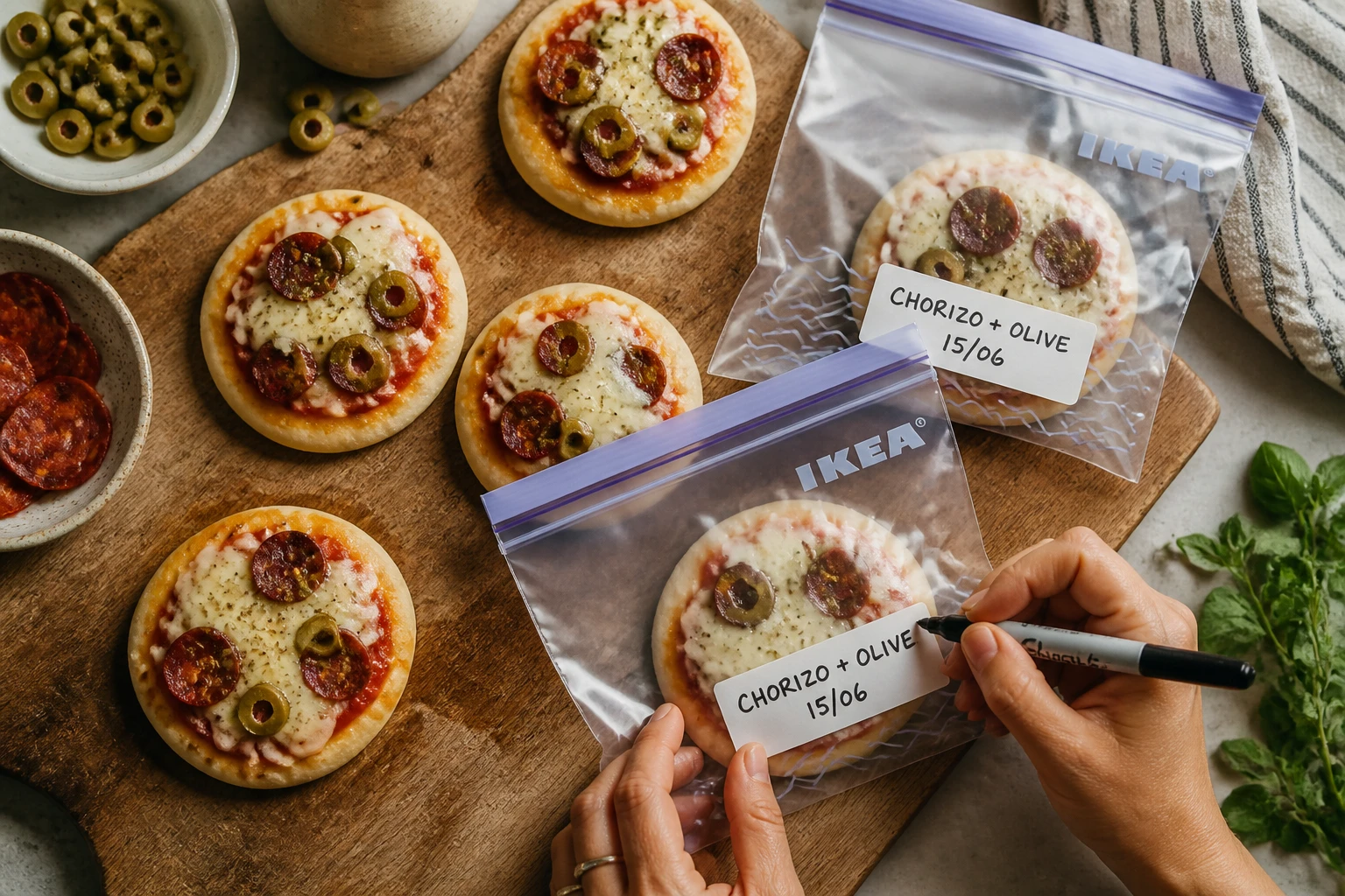 Mini pizzas apéro maison garnies de chorizo et mozzarella, prêtes à être congelées dans des sacs hermétiques