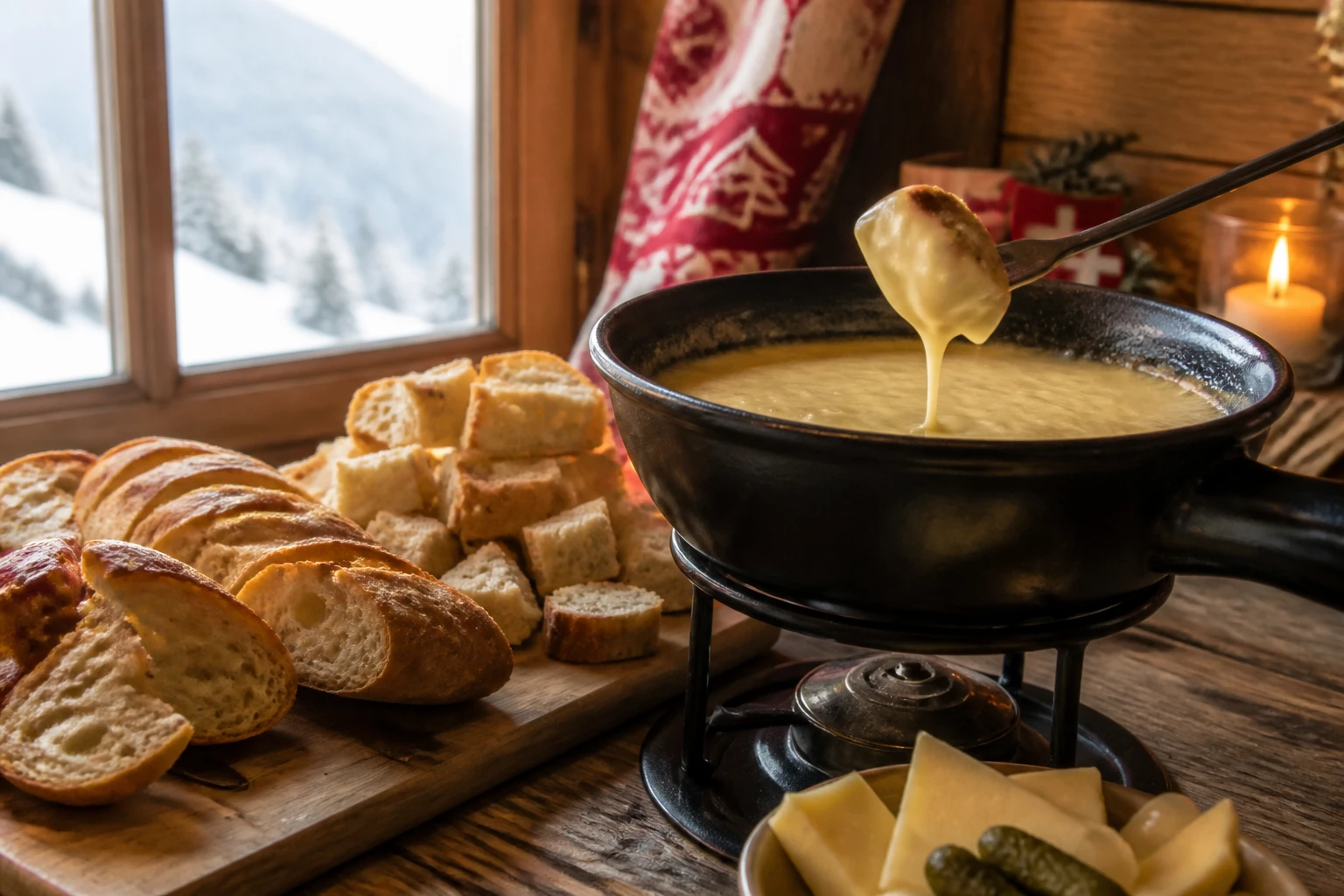 Cubes de pain de campagne et baguette tradition disposés autour d'un caquelon de fondue savoyarde