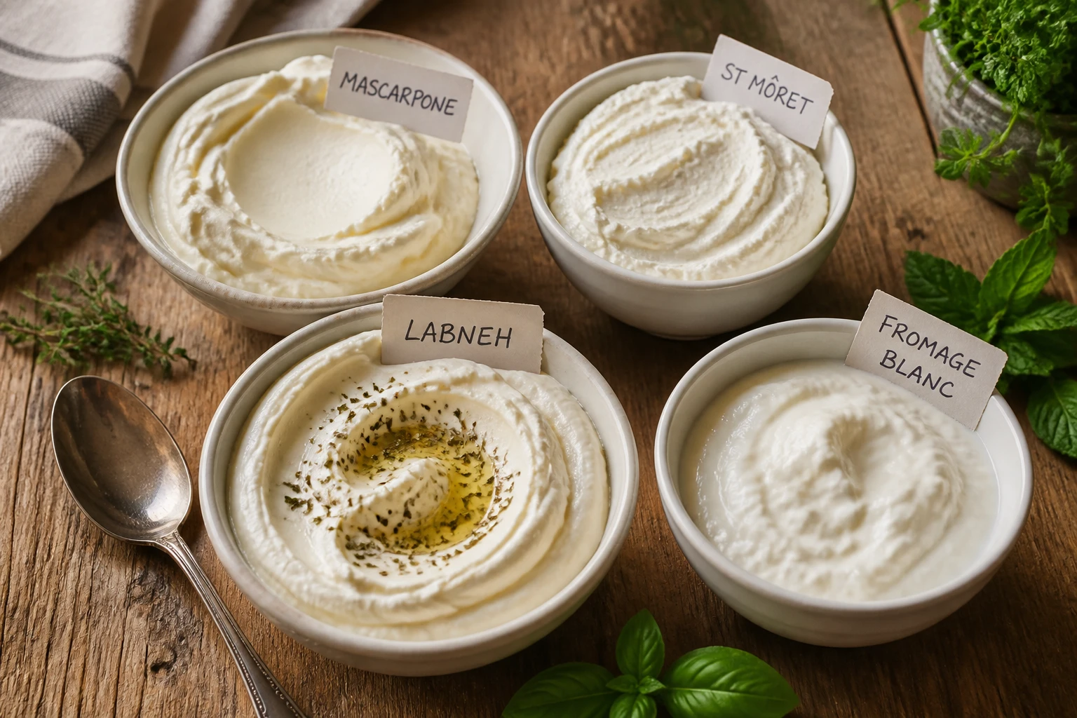 Comparaison de substituts au Philadelphia : mascarpone, St Môret, labneh et fromage blanc dans des bols en céramique
