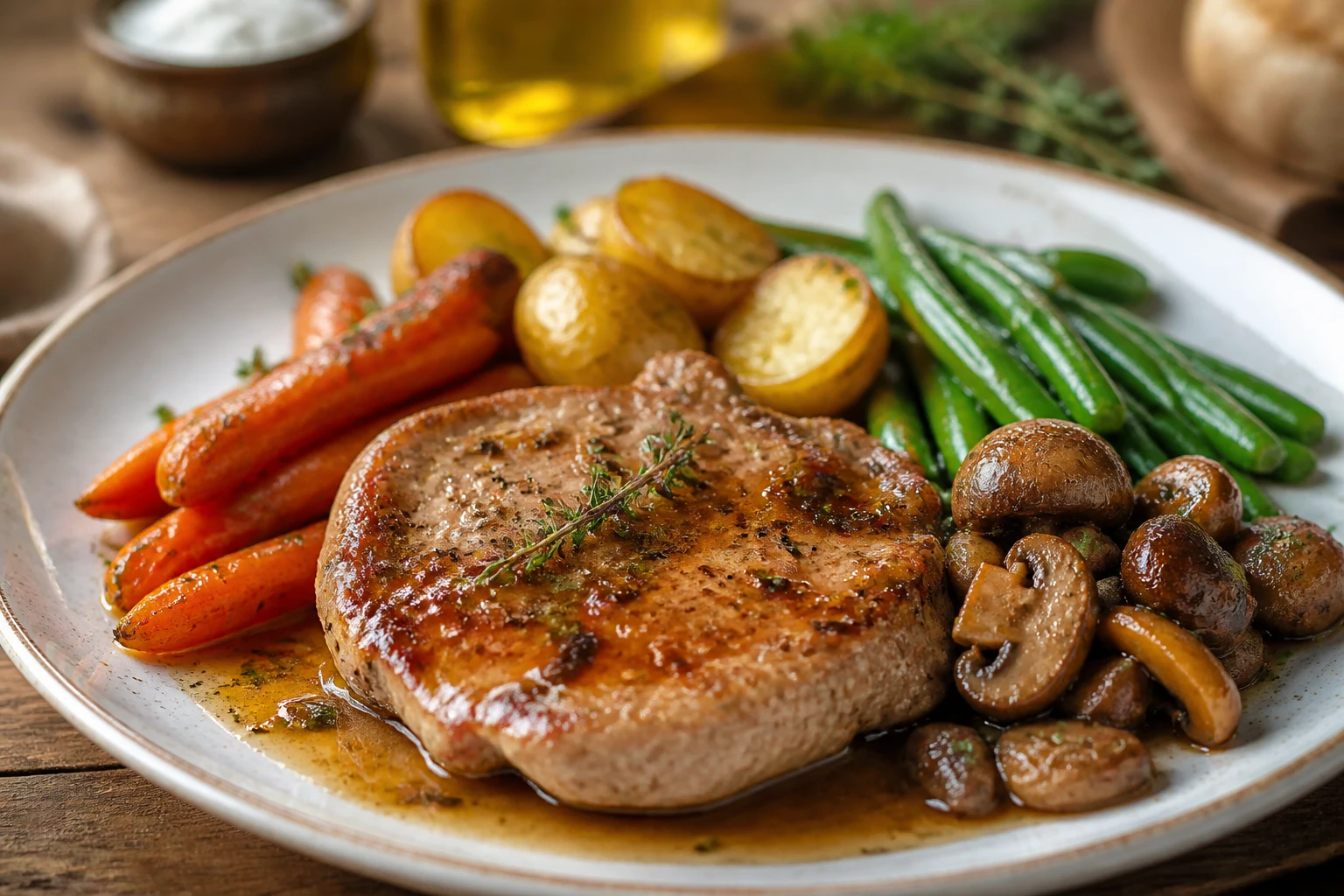 Plat de veau entouré de légumes de saison : carottes glacées, pommes de terre dorées, haricots verts et champignons forestiers