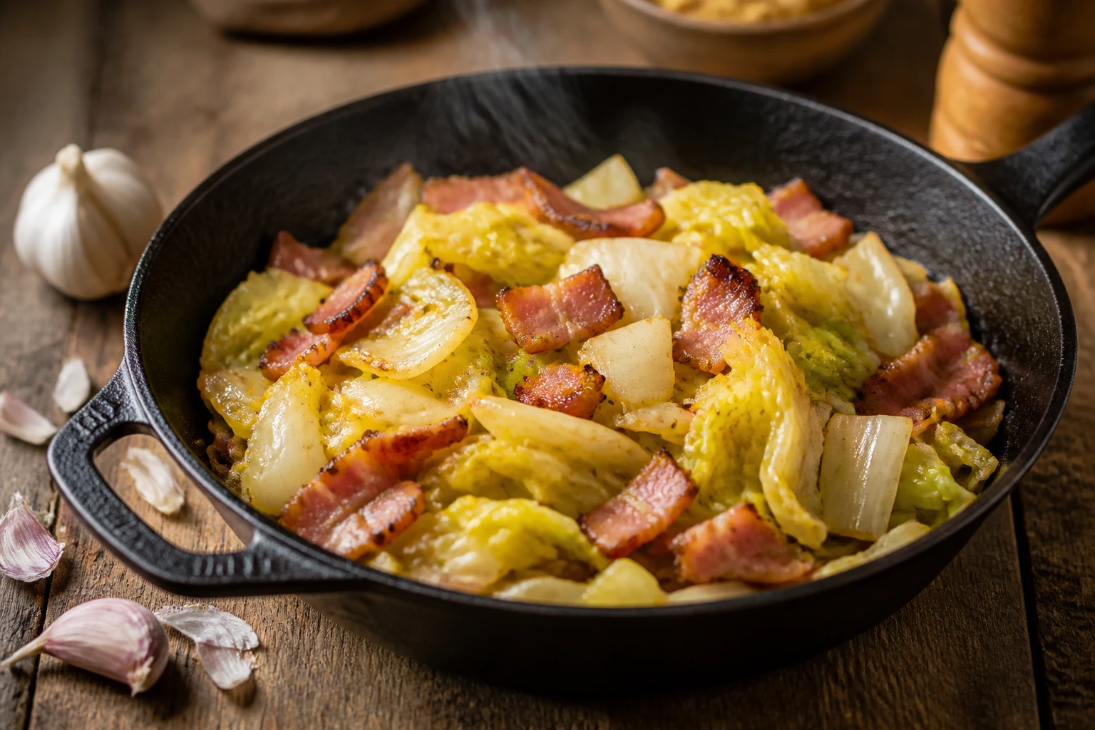 Poêlée de chou chinois aux lardons fumés dans une poêle en fonte, vapeur montante, lumière naturelle