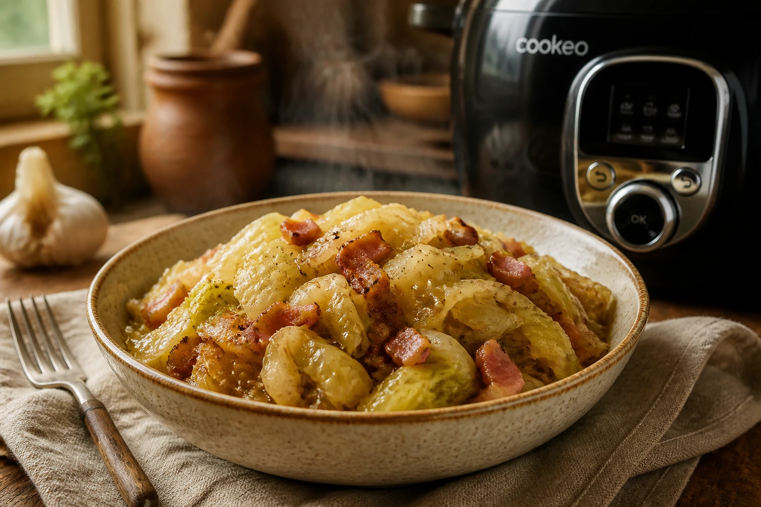 Chou vert braisé au Cookeo avec lardons fumés dans un bol en céramique, cuisine rustique française