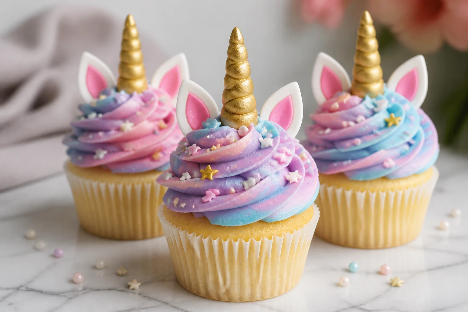 Trois cupcakes licorne au glaçage multicolore rose et violet avec corne dorée en pâte à sucre et perles nacrées