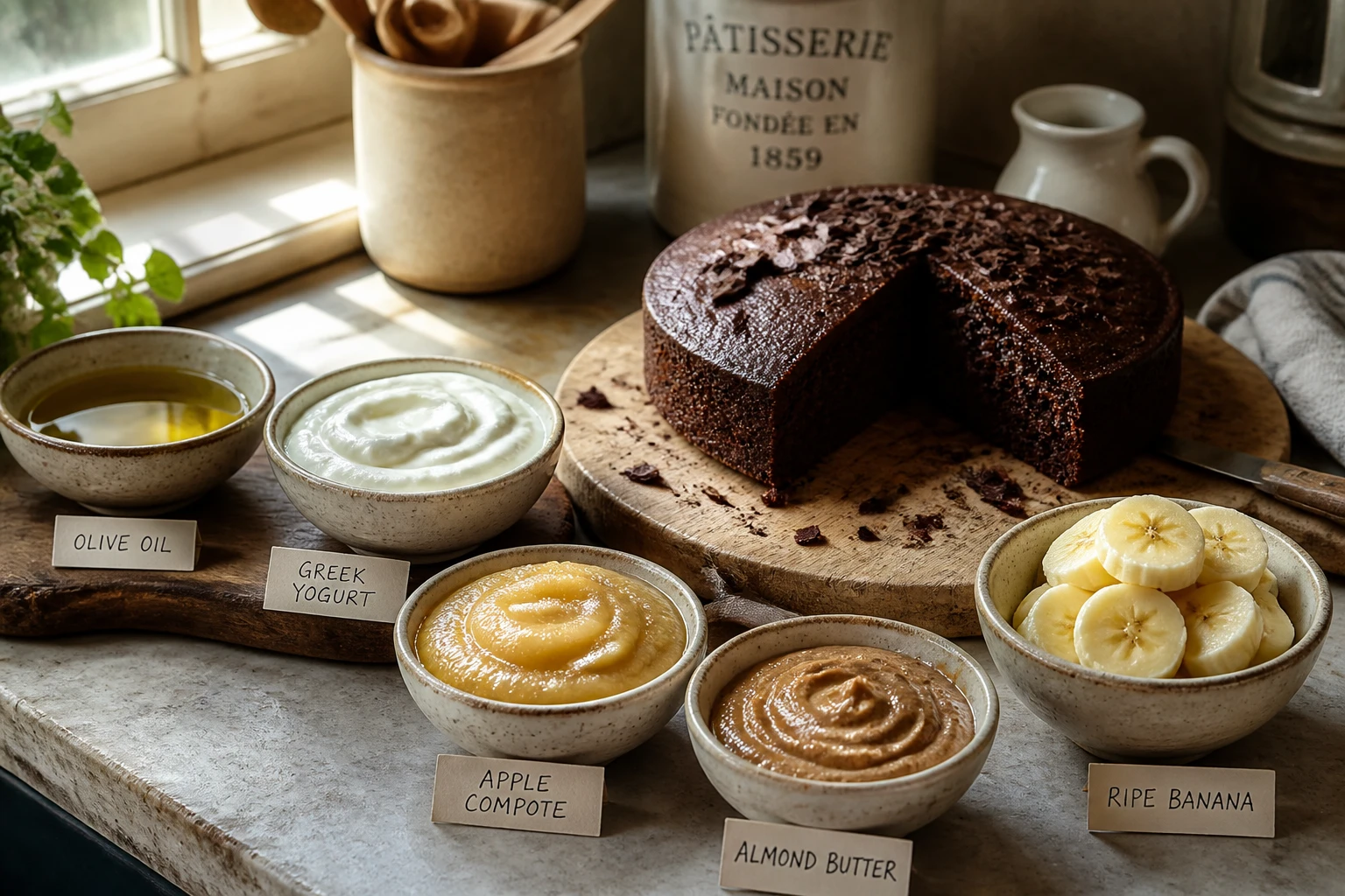 Alternatives au beurre pour gâteaux : huile végétale, compote de pommes, yaourt grec et purée d'amandes sur plan de travail en bois
