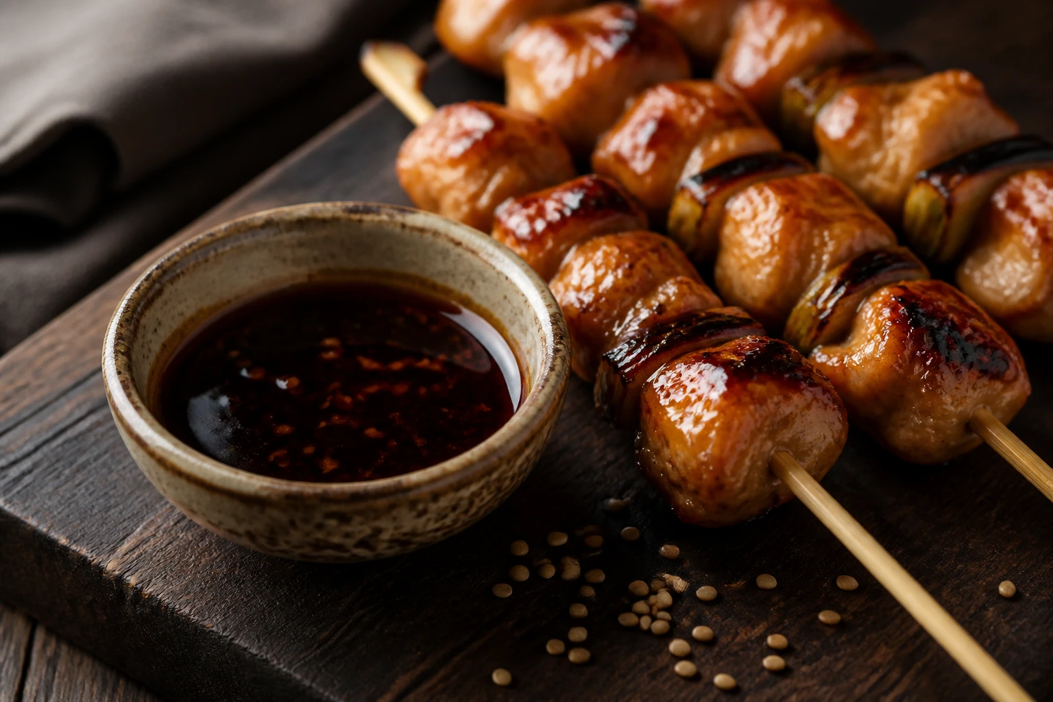 Bol de sauce yakitori tare maison brillante et laquée, posé sur une planche en bois sombre avec des brochettes de poulet grillées