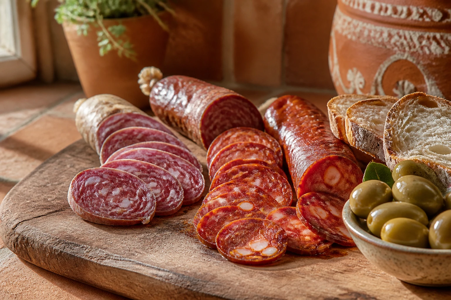 Planche de saucisson portugais tranché avec chouriço, olives et pain rustique sur fond en bois