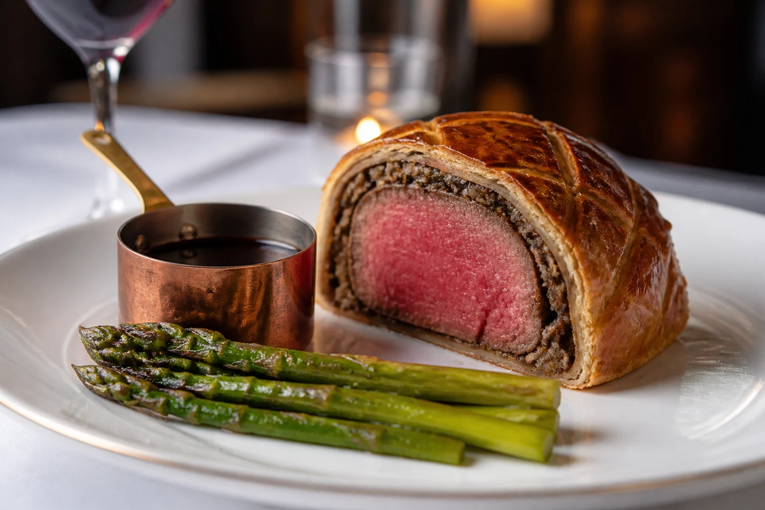 Tranche de bœuf Wellington dorée avec asperges vertes rôties et jus de viande sur assiette blanche
