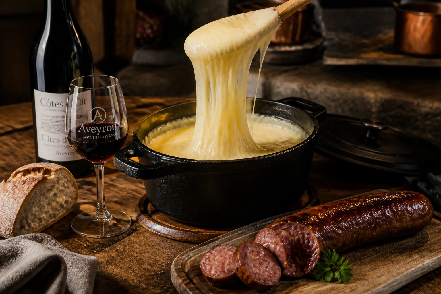 Aligot filant servi avec une saucisse grillée et un verre de Marcillac rouge sur table rustique en bois