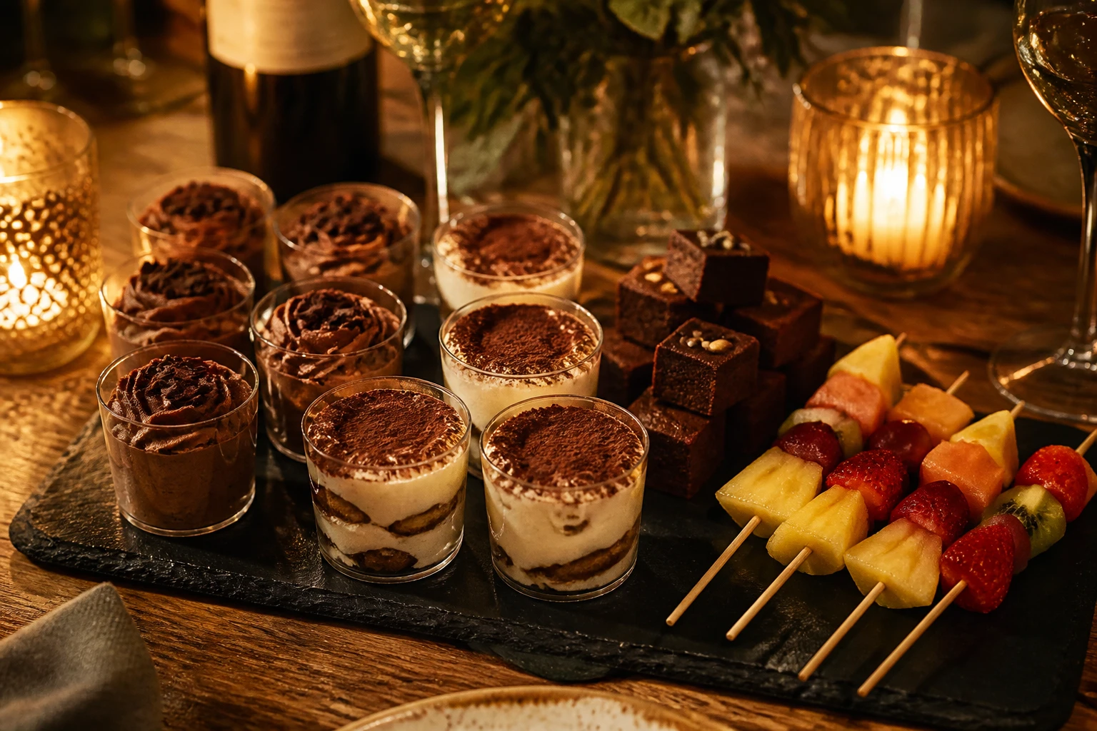 Plateau de desserts pour apéro dînatoire : verrines, brownies et brochettes de fruits sur ardoise