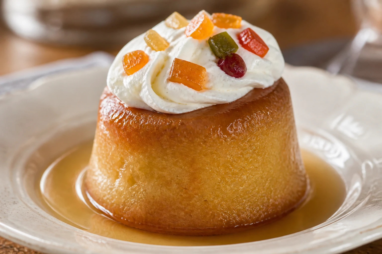 Baba au rhum maison doré et brillant, nappé de sirop au rhum et surmonté de chantilly vanille maison