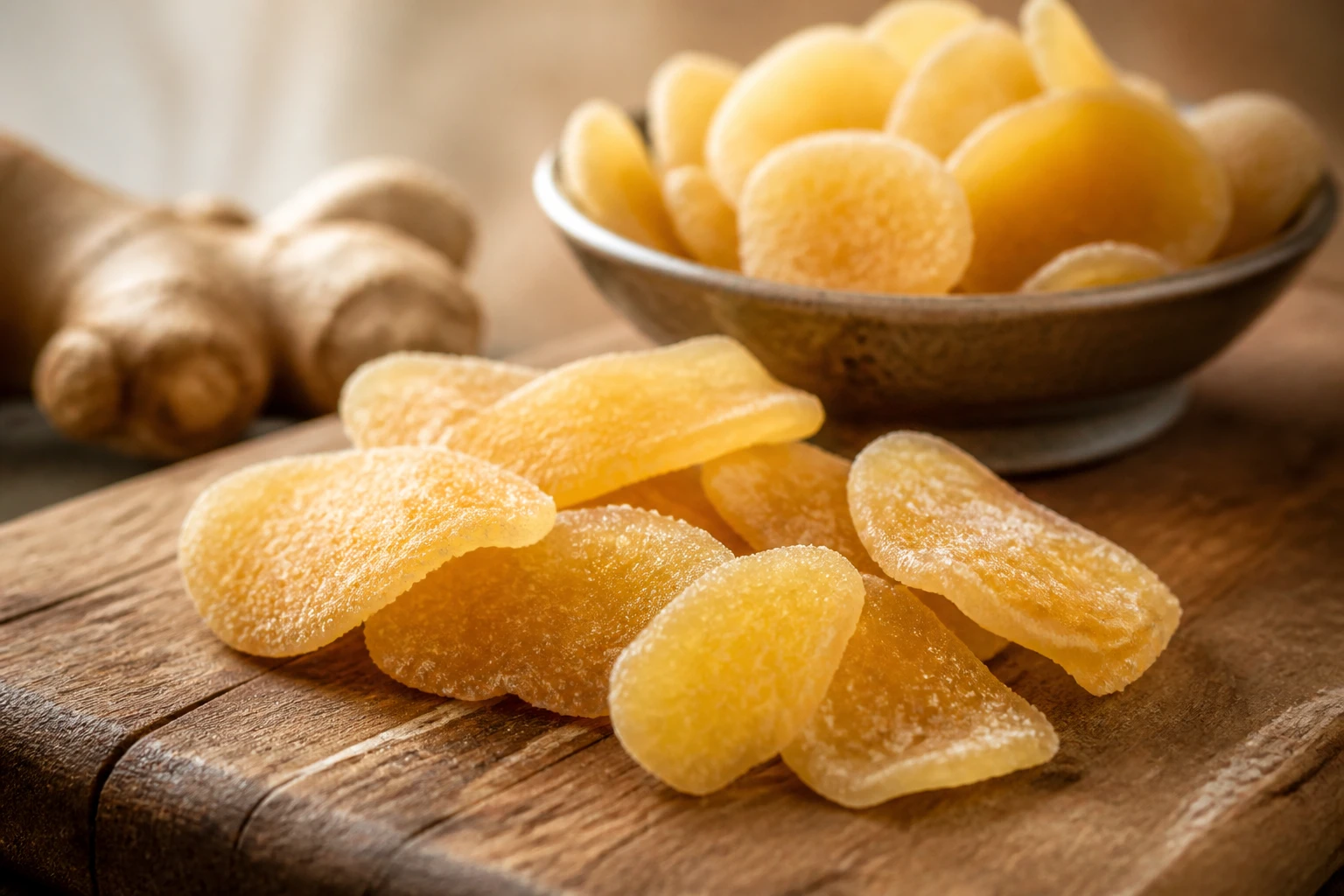 Morceaux de gingembre confit dorés sur une planche en bois rustique, lumière naturelle chaude