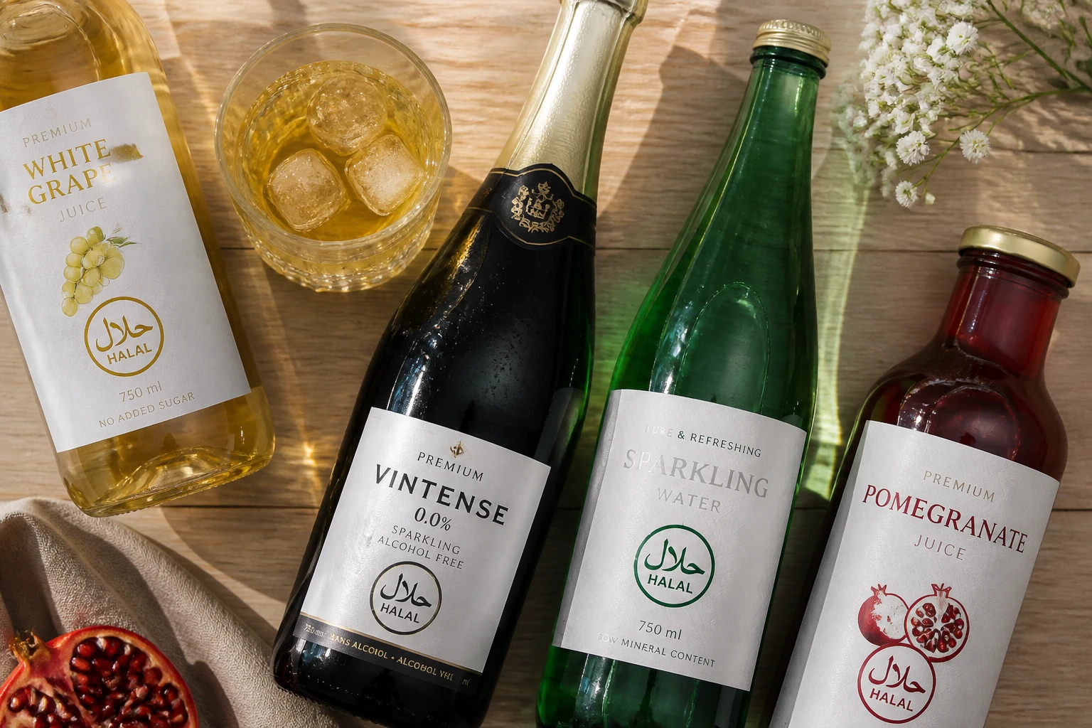 Sélection de boissons halal certifiées en bouteilles avec logo halal visible sur étiquette