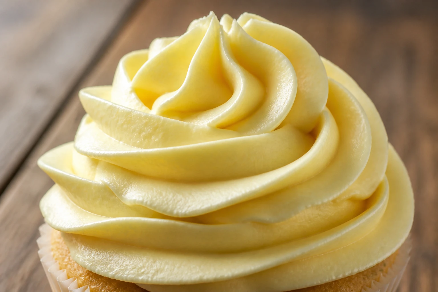 Crème au beurre russe pochée en rosace sur un cupcake, texture soyeuse et brillante, lumière naturelle