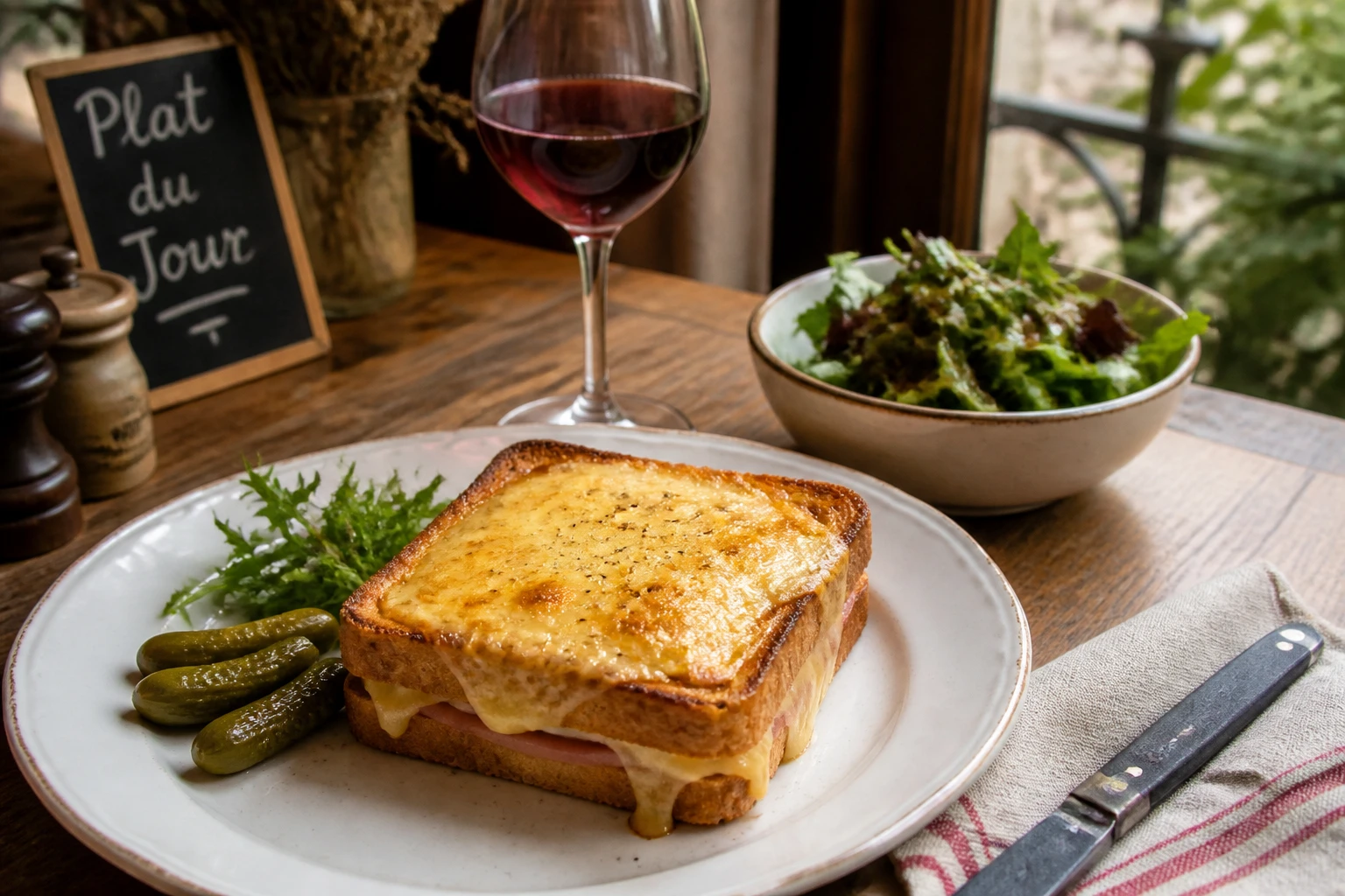 Croque-monsieur servi avec une salade verte vinaigrée et des cornichons sur une table en bois rustique