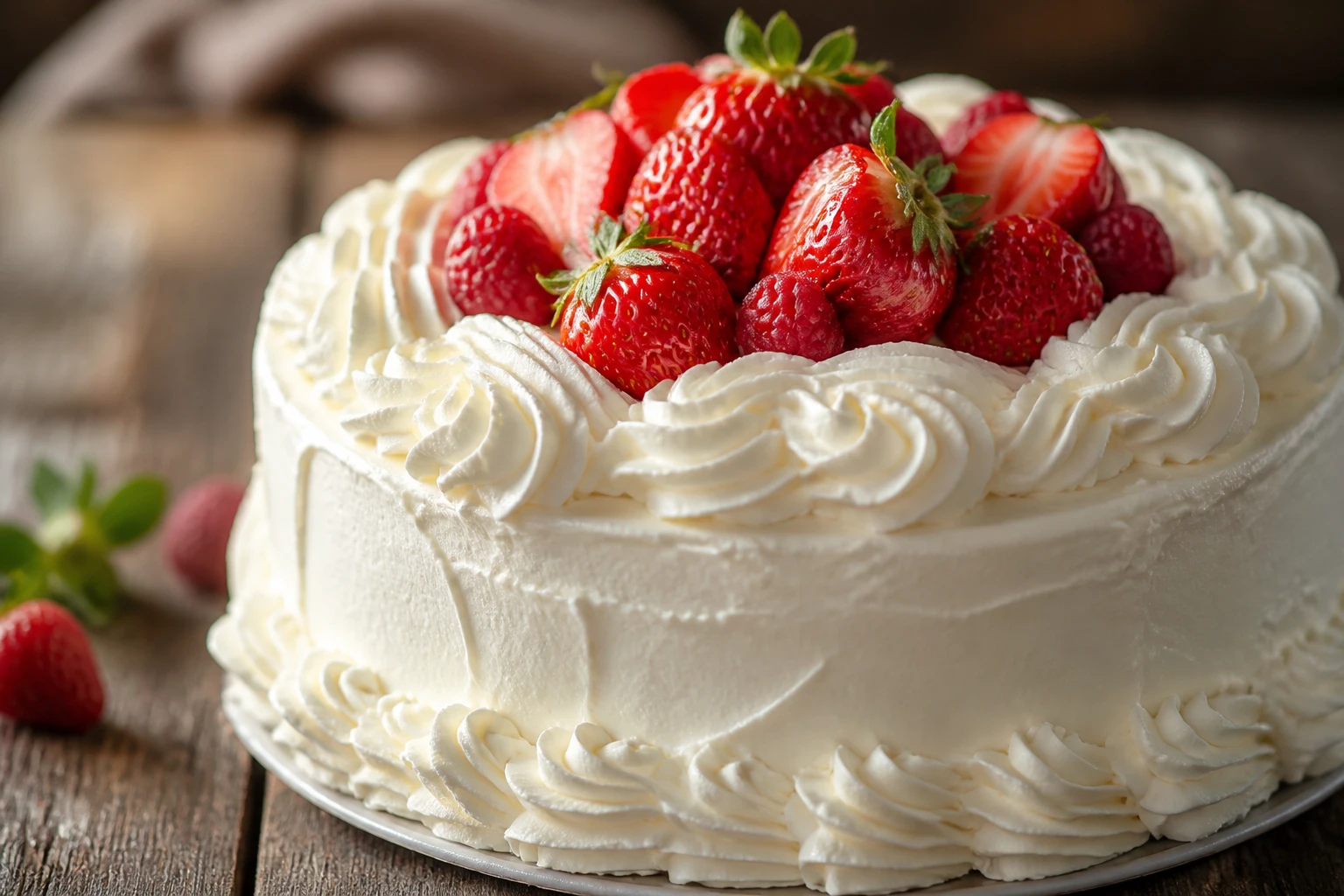 Gâteau décoré à la chantilly avec des rosaces et des fraises fraîches sur une table en bois