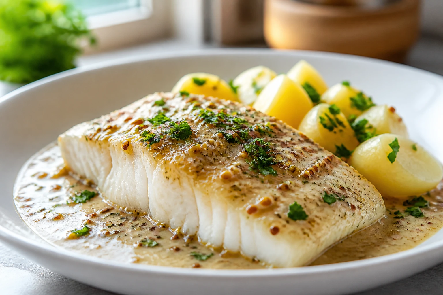 Dos de cabillaud sauce moutarde crémeuse dans un bol blanc, accompagné de pommes de terre vapeur et de persil frais