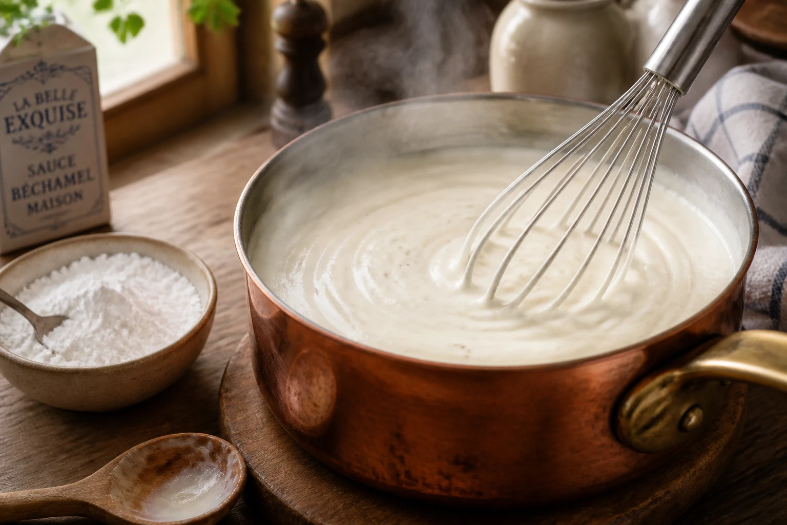 Béchamel sans farine en cours de préparation dans une casserole, fouet et fécule de maïs sur le plan de travail