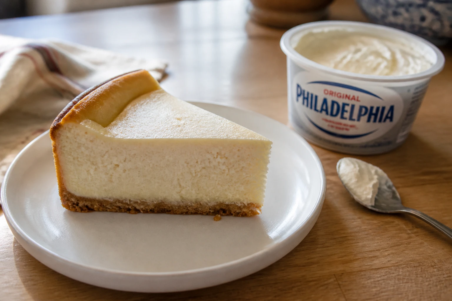 Tranche de cheesecake crémeux sur assiette blanche avec pot de cream cheese Philadelphia
