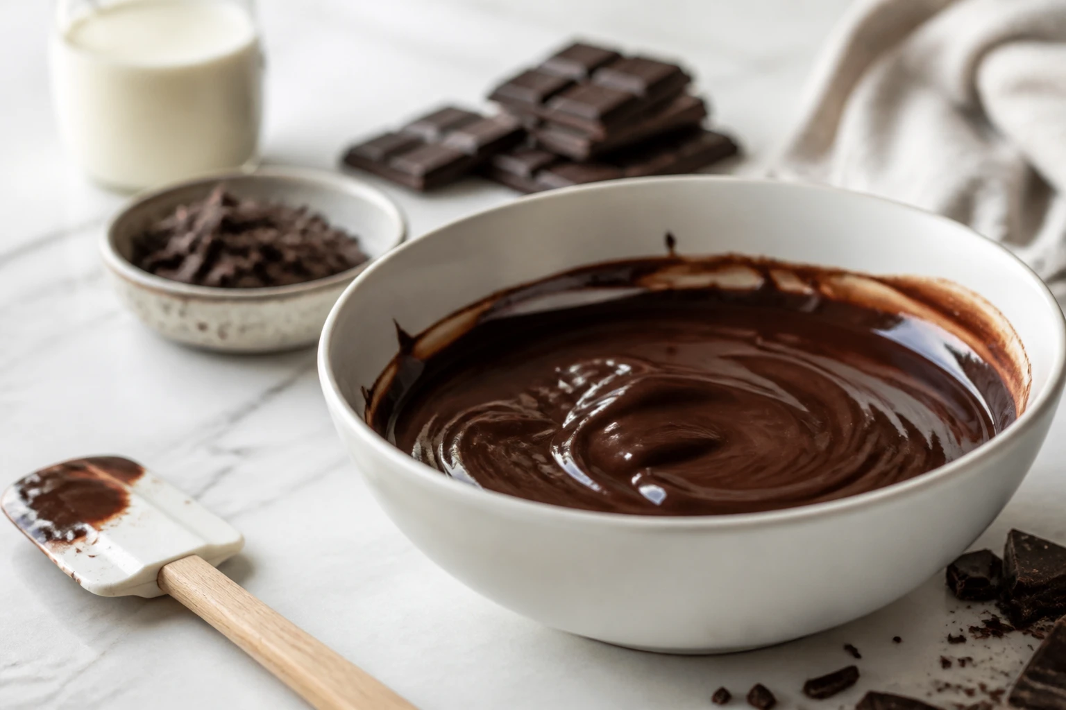 Ganache au chocolat noir trop liquide dans un saladier blanc avec maryse, crème et copeaux de chocolat