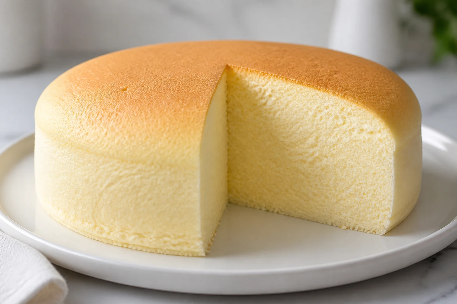 Gâteau nuage japonais entier sur assiette blanche, texture aérienne et légèrement tremblante, coupe révélant la mie crémeuse