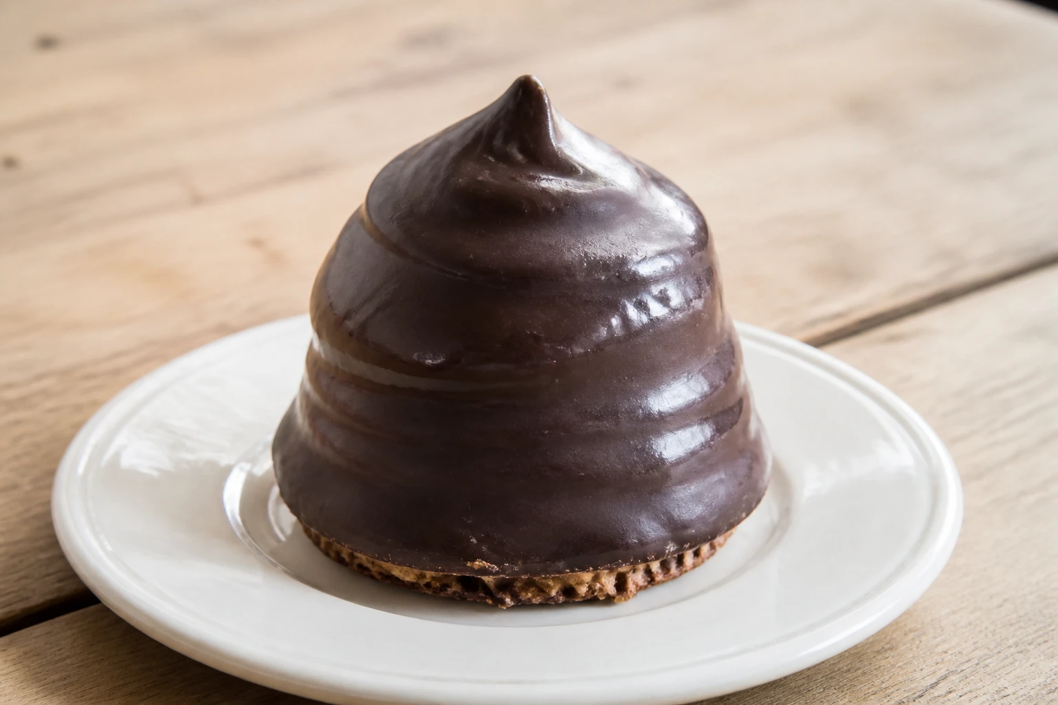 Tête au chocolat artisanale sur assiette en céramique, meringue enrobée de ganache chocolat noir brillante