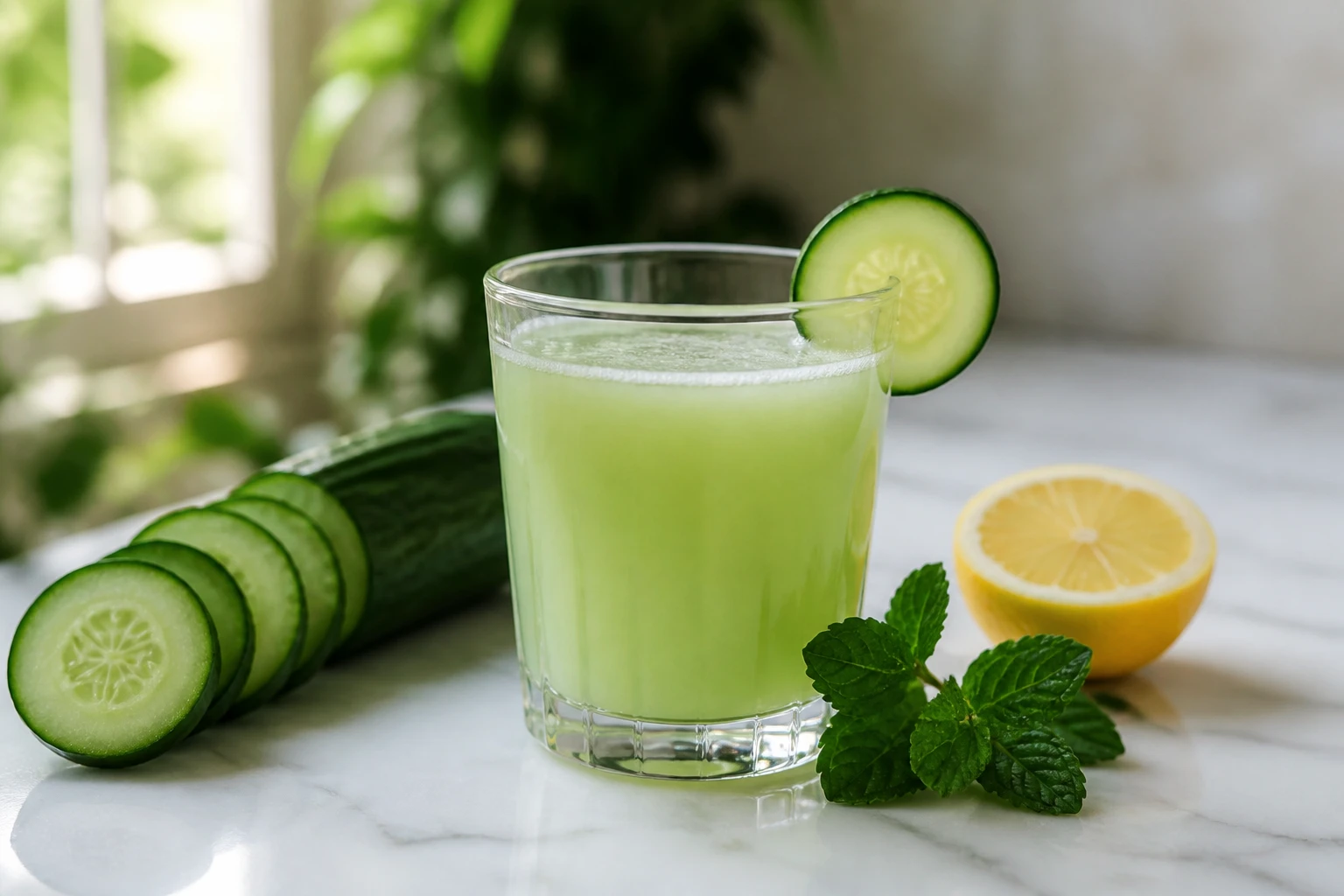 Verre de jus de concombre frais avec tranches de concombre et menthe sur marbre blanc