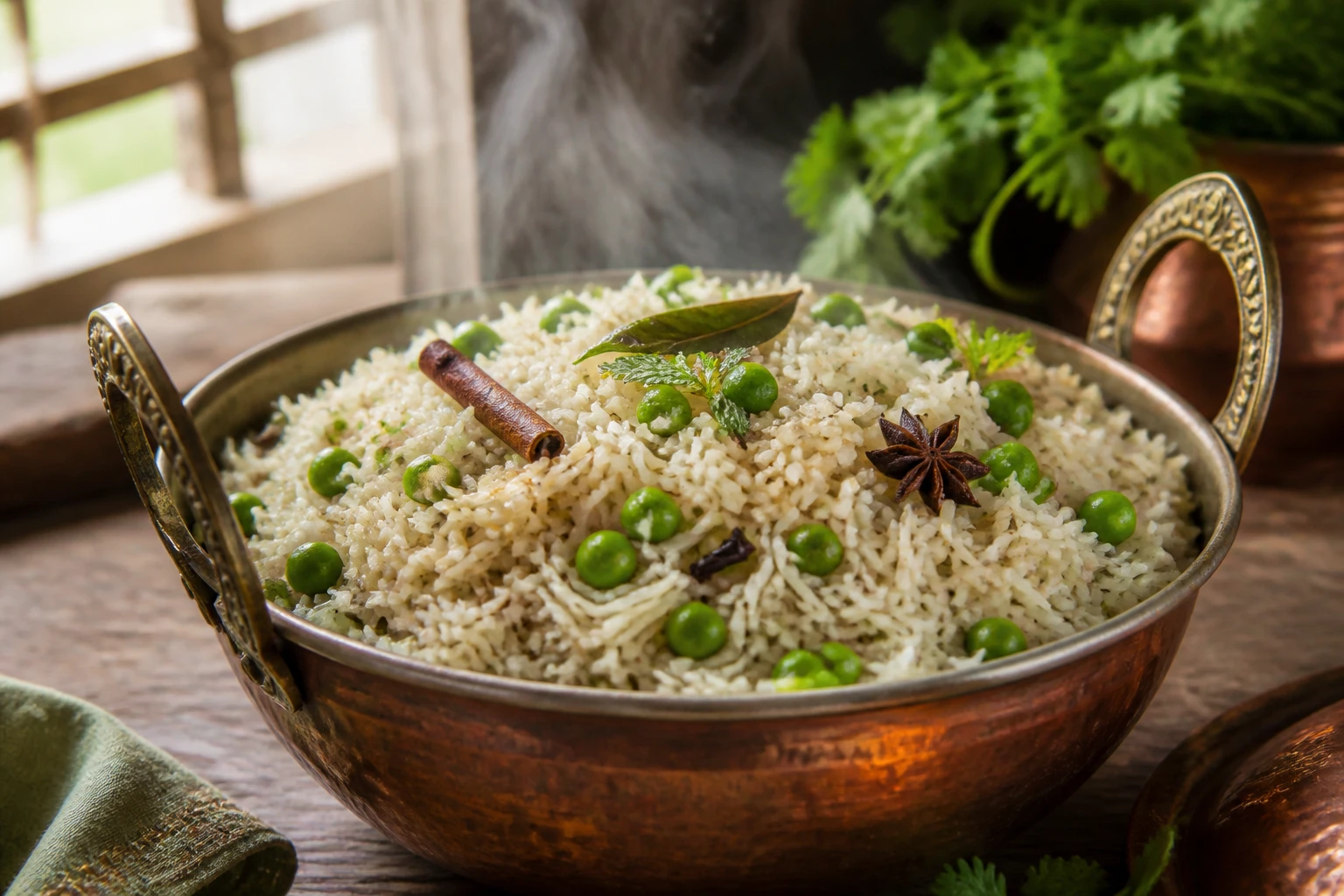 Bol de matar pulao, riz basmati aux petits pois et épices entières, présentation traditionnelle indienne