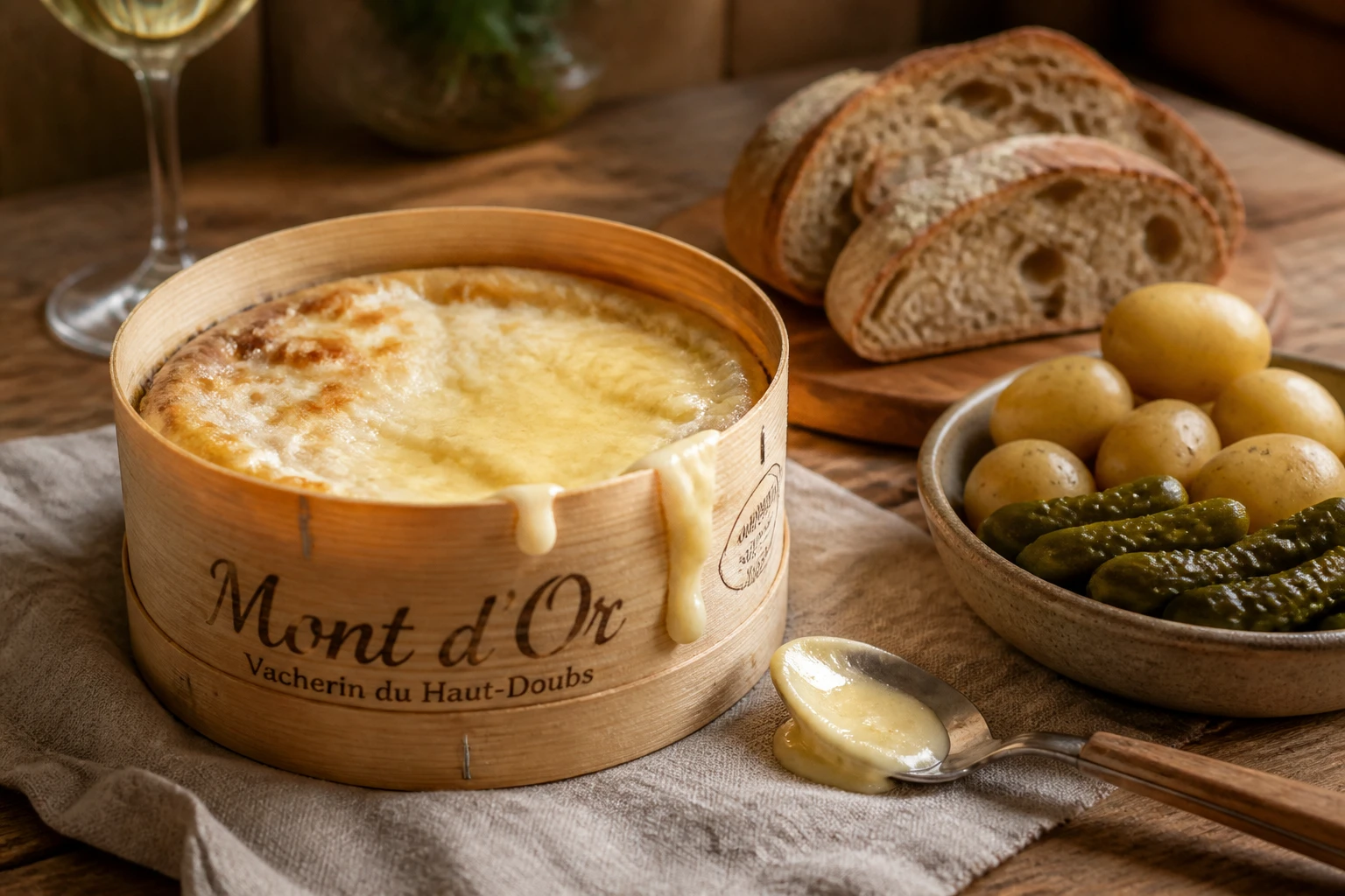 Mont d'or au four sans vin bien doré dans sa boîte en épicéa, entouré de pommes de terre et cornichons