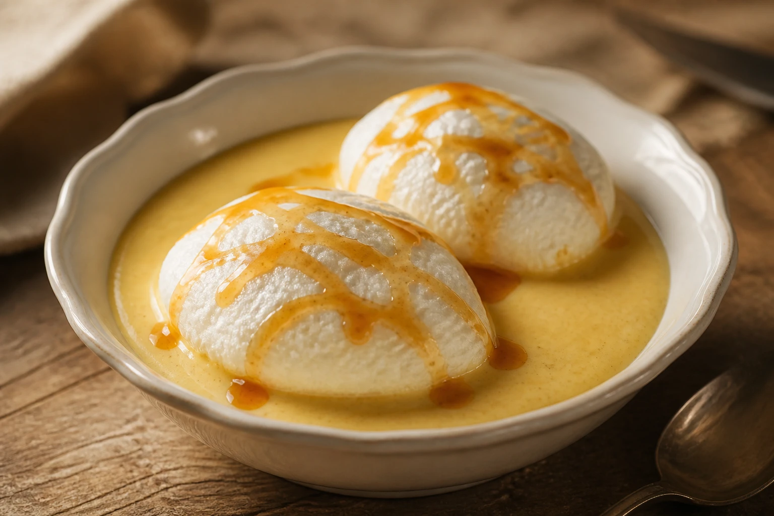 Œufs à la neige dans un bol en céramique blanche, blancs pochés sur crème anglaise avec filet de caramel doré