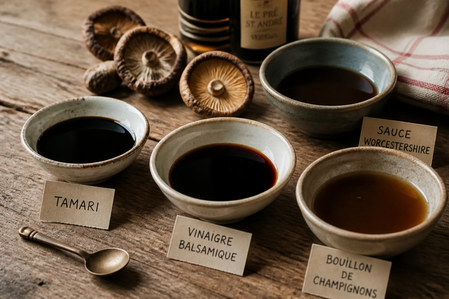 Bols de substituts de sauce soja sur table en bois : tamari, balsamique, bouillon de shiitake, sauce Worcestershire