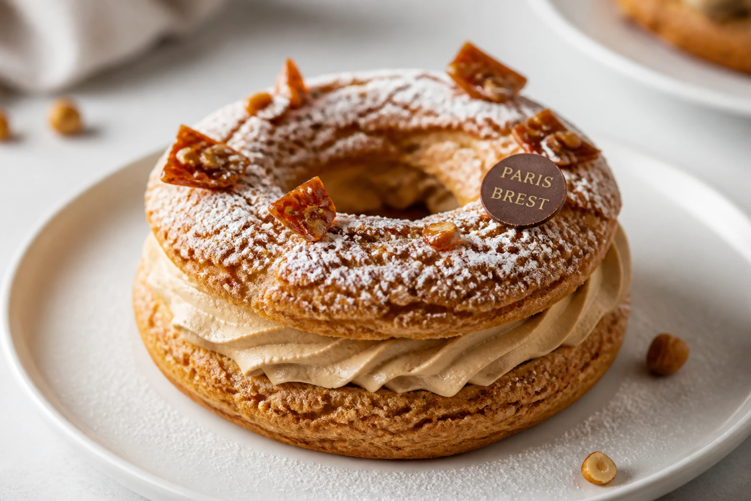 Paris-Brest revisité en chou individuel avec craquelin doré et crème praliné pochée, sur assiette blanche
