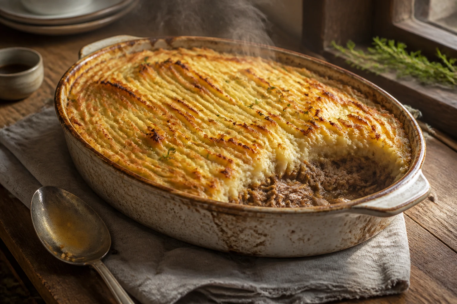 Parmentier de canard gratiné à la croûte dorée dans un plat en céramique, vapeur visible, lumière naturelle