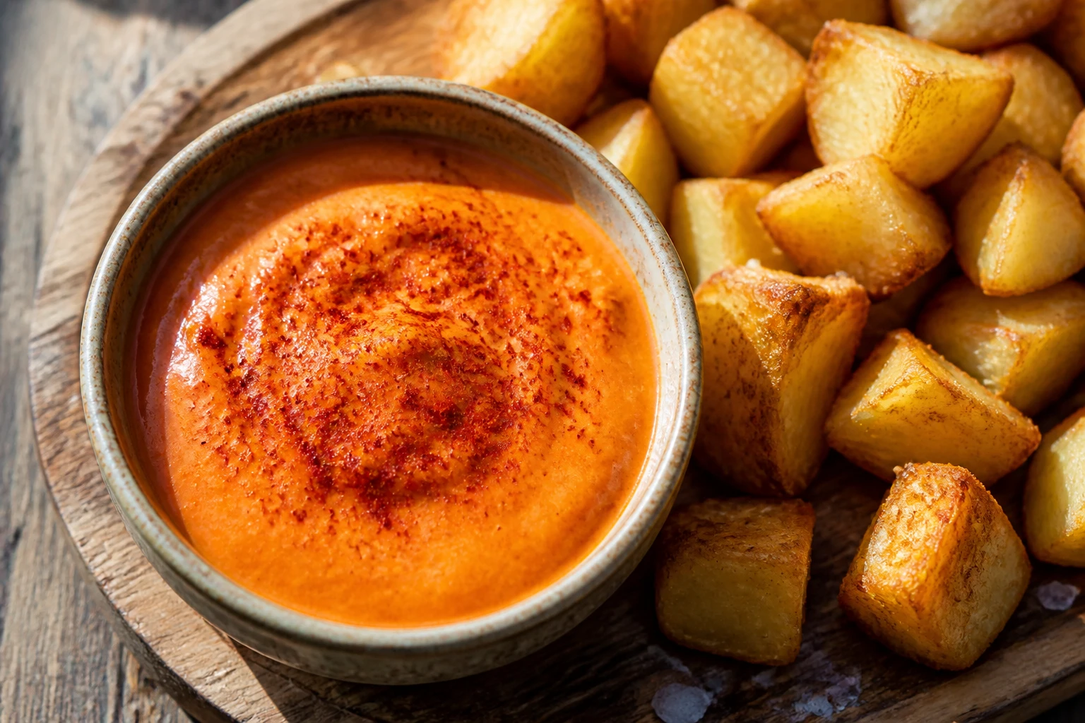 Sauce bravas authentique en coupelle céramique avec pommes de terre dorées sur planche bois