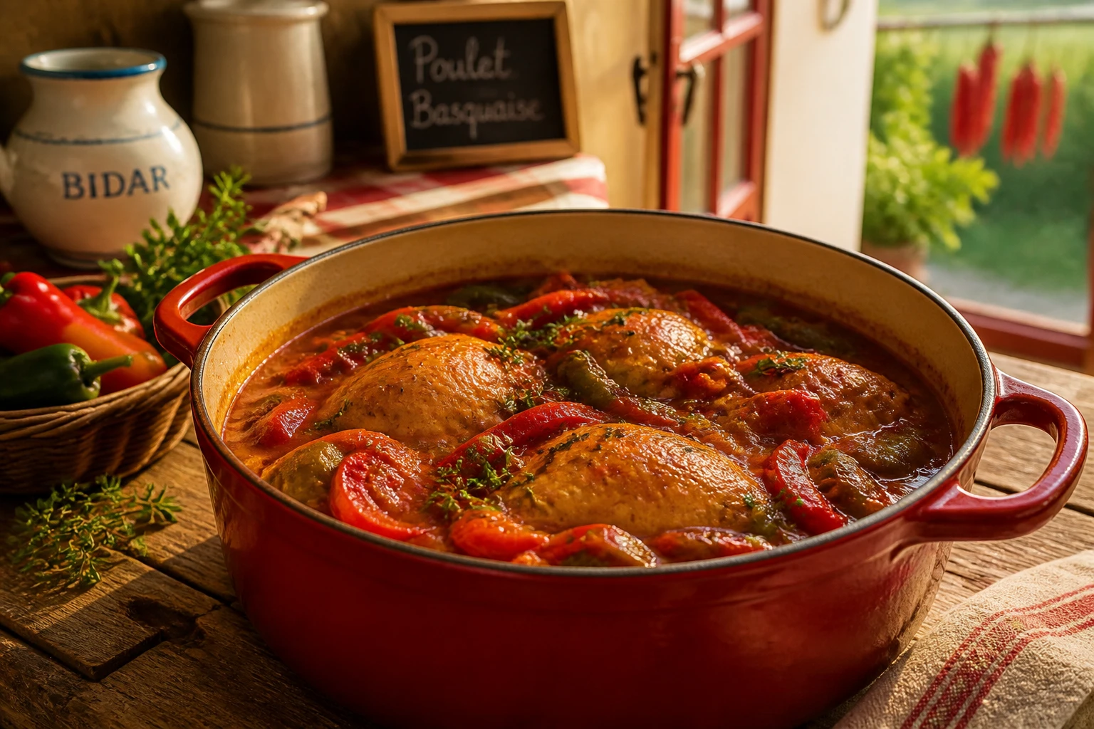Poulet basquaise mijoté en cocotte fonte avec poivrons et sauce tomate, cuisine basque traditionnelle