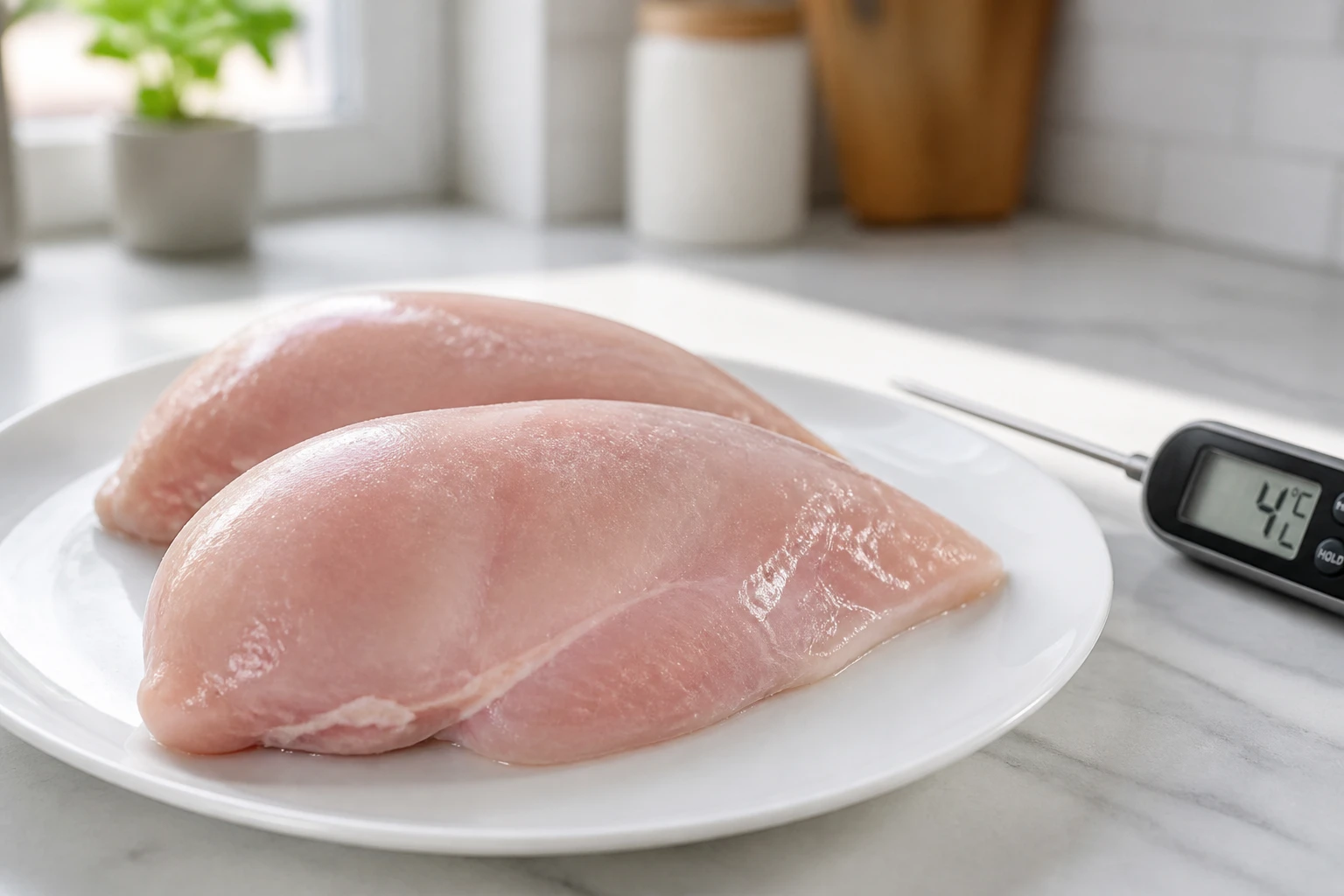 Morceau de poulet cru sur une assiette blanche avec thermomètre alimentaire, lumière naturelle