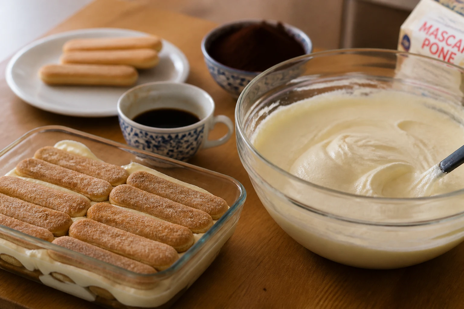 Tiramisu maison avec crème mascarpone ferme et biscuits cuillère imbibés de café, vue de dessus