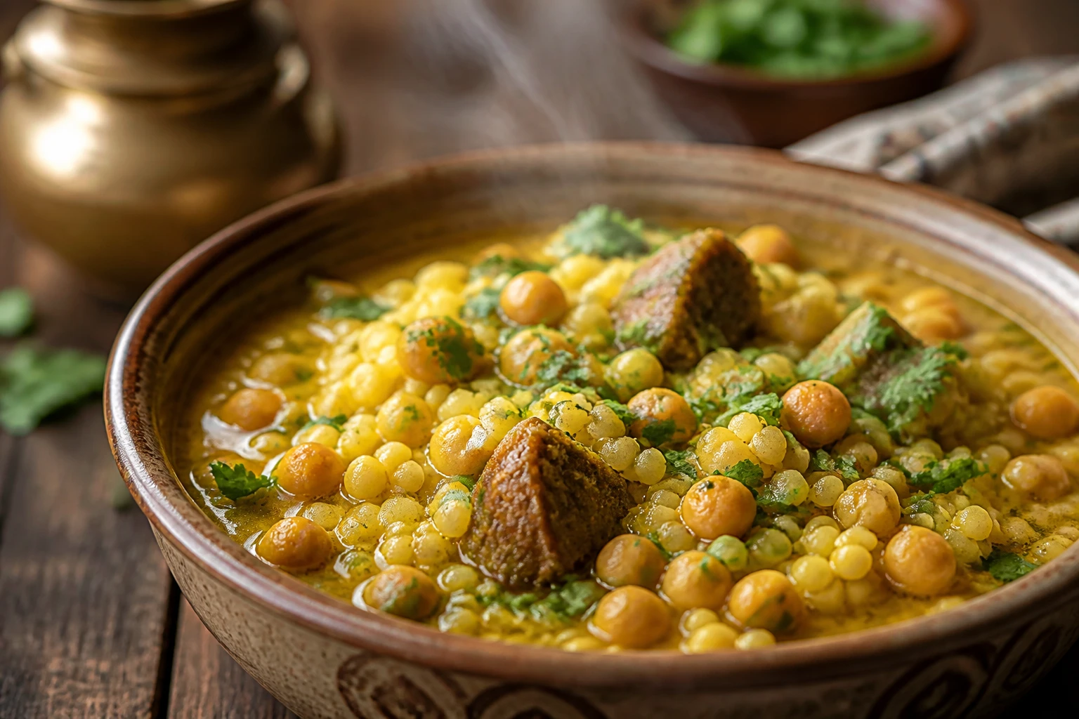 Recette berkoukes traditionnelle servie dans un bol en céramique avec agneau, pois chiches et bouillon doré au curcuma