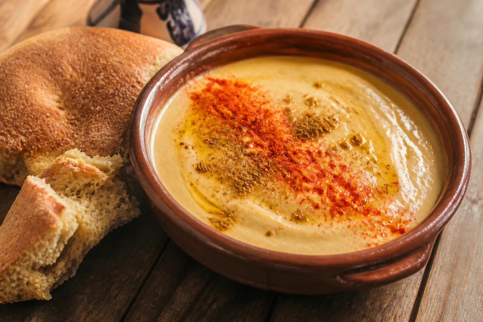Bol de bissara marocaine aux fèves avec filet d'huile d'olive, paprika et pain khobz