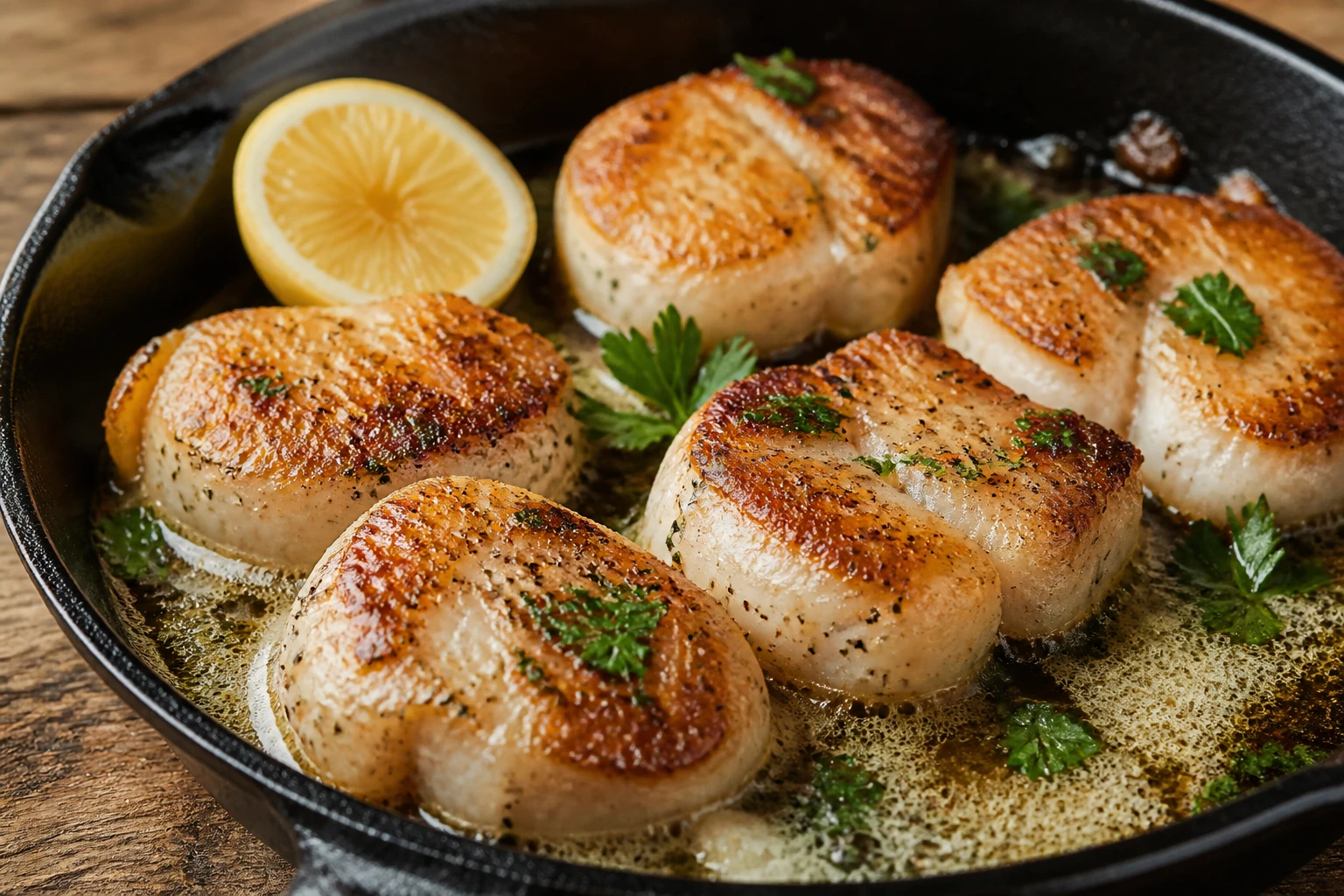 Tronçons de queue de lotte à la poêle dorés au beurre avec persil frais et citron