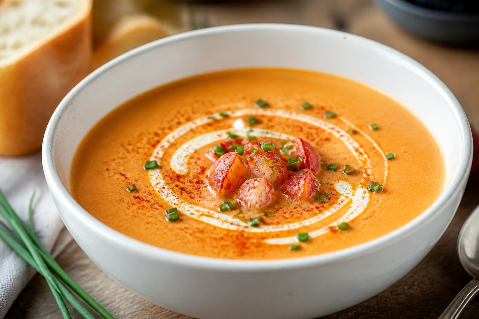 Bol de bisque de homard crémeuse avec crème et ciboulette sur table en bois rustique
