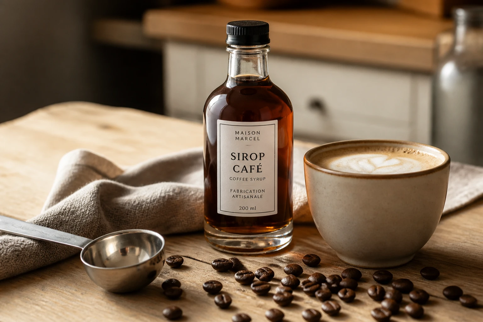 Flacon de sirop de café maison ambré avec grains torréfiés et latte sur plan de travail bois