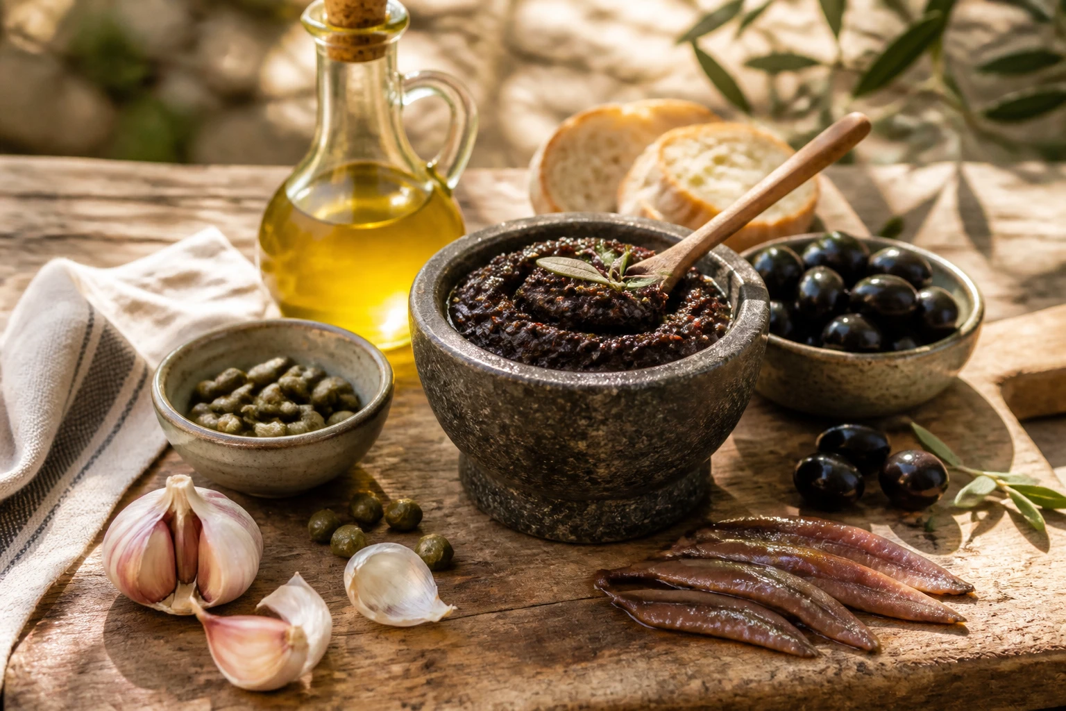Mortier en pierre avec tapenade noire provençale, olives, câpres et anchois sur planche en bois rustique