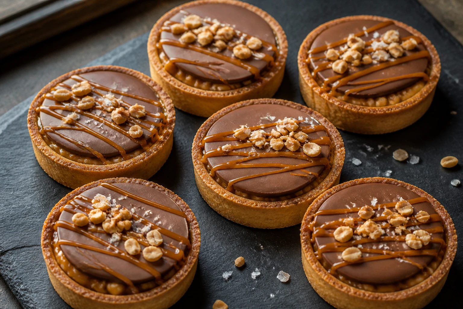 Six tartelettes snickers individuelles avec couches caramel cacahuètes et ganache chocolat au lait, fleur de sel, photographiées de dessus sur ardoise